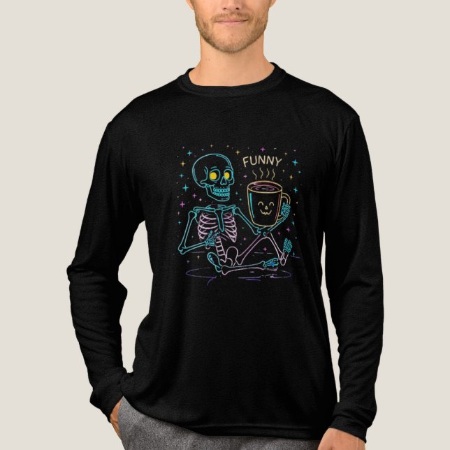 Camiseta Triblenda Cute Neon Skeleton Drinking Coffee – Funny Pastel  (Anverso)