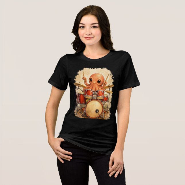 Camiseta Triblenda Cute Octopus Drummer Playing Red Drum Kit Art (Anverso Completo)
