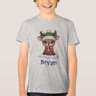 Camiseta Triblenda Cute Reno en Gorro Verde de Invierno Arte