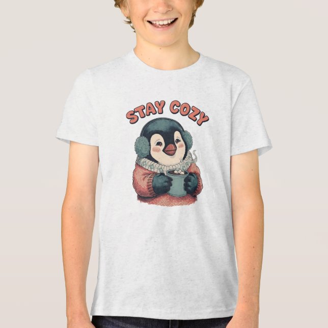 Camiseta Triblenda Cute Stay Cozy Penguin Drinking Hot Cocoa Hat (Anverso)