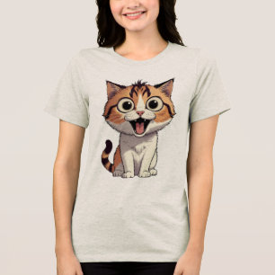 Camiseta Triblenda Dibujo Animado de Gatito Emocionado con Ojos Grand