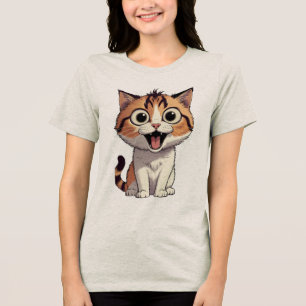 Camiseta Triblenda Dibujo Animado de Gatito Emocionado con Ojos Grand