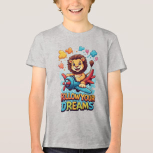 Camiseta Triblenda Dibujo animado de león lindo volando en un avión c