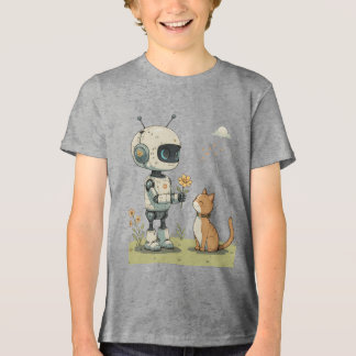 Camiseta Triblenda Dibujo de un robot lindo que le da una flor a un g