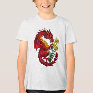Camiseta Triblenda Diseño de Dragón Rojo y Narcisos