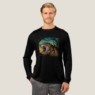 Camiseta Triblenda Diseño de selva con jaguar rugiente – Verde azulad