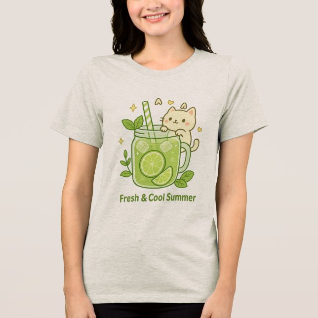 Camiseta Triblenda Diseño Kawaii de Jugo de Lime Fresco y Gato Cuto (Anverso)