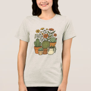 Camiseta Triblenda Diseño Retro de los 70 de Cactus y Flores Silvestr
