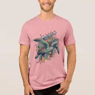 Camiseta Triblenda Diseño Vectorial de Tortuga Marina Splash Grabado