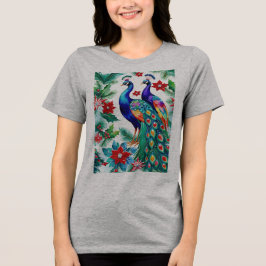 Camiseta Triblenda Dos hermosos Navidades Peacocks con Poinsettias