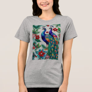 Camiseta Triblenda Dos hermosos Navidades Peacocks con Poinsettias