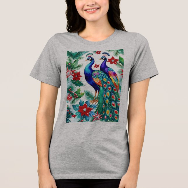 Camiseta Triblenda Dos hermosos Navidades Peacocks con Poinsettias (Anverso)