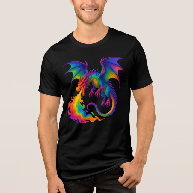 Camiseta Triblenda Dragón arcoiris respirando coloridas llamas fantas (Anverso)