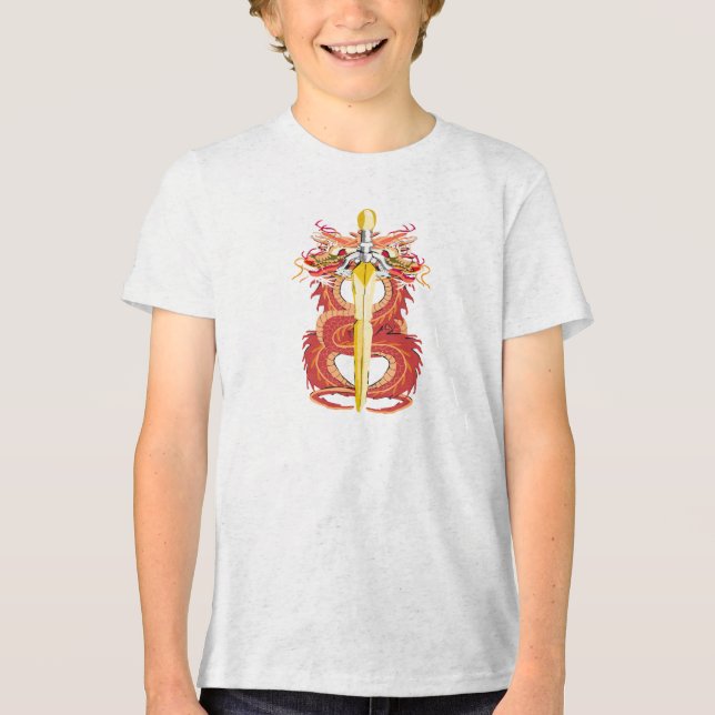 Camiseta Triblenda dragón de llama roja espada amarilla (Anverso)
