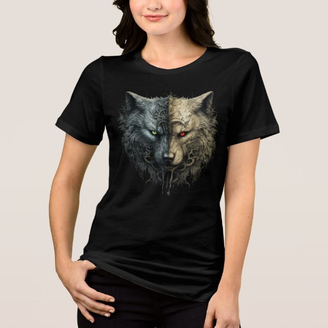 Camiseta Triblenda Dual Wolf Spirits – Light & Dark Totem Art (Anverso)