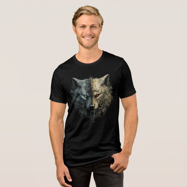 Camiseta Triblenda Dual Wolf Spirits – Light & Dark Totem Art (Anverso Completo)