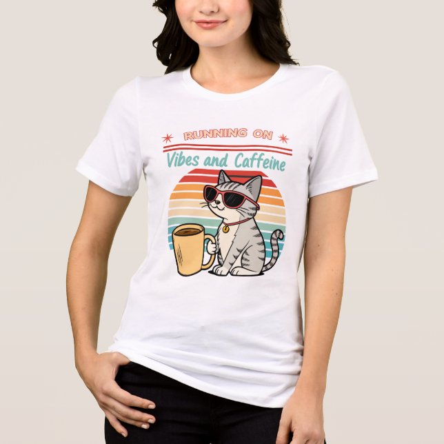 Camiseta Triblenda Ejecutando en vibraciones y cafeína - Retro de gat (Anverso)