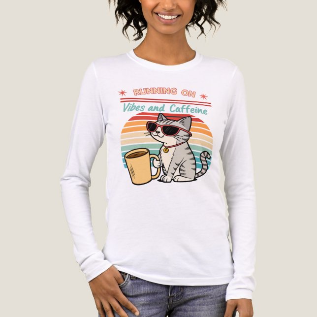 Camiseta Triblenda Ejecutando en vibraciones y cafeína - Retro de gat (Anverso)
