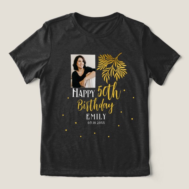 Camiseta Triblenda Elegant 50th Birthday Gold Foliage Photo Party (Diseño delantero )