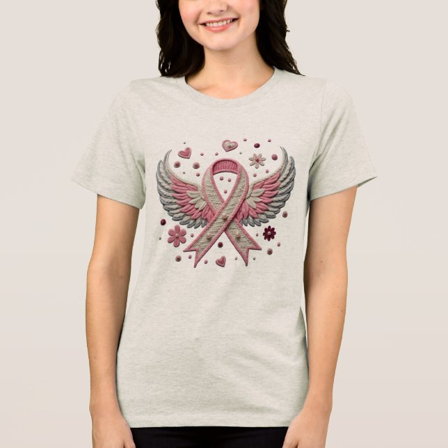 Camiseta Triblenda Elegant Pink Ribbon with Angel Wings Embroidery  (Anverso)