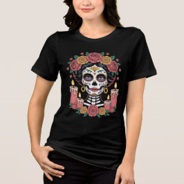 Camiseta Triblenda Elegante Mujer de Cráneo de Azúcar del Día de Muer