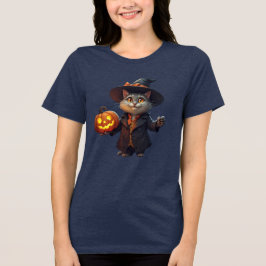 Camiseta Triblenda Encantador gato de Halloween con Jack-o'-Lantern -