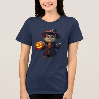 Camiseta Triblenda Encantador gato de Halloween con Jack-o'-Lantern -
