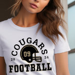 Camiseta Triblenda Equipo de fútbol personalizado Mamá Oro y Gris<br><div class="desc">Personalizado Front and Back Football T-Shirt para Mamá - mostrado en White Design para las madres futbolísticas muestra un casco de fútbol con texto deportivo que se puede personalizar para el nombre del equipo, el apellido del hijo y su número de camiseta. Se pueden personalizar los colores gris de oro...</div>