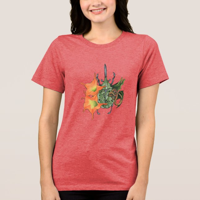 Camiseta Triblenda Escarabajo verde con flores naranjas (Anverso)