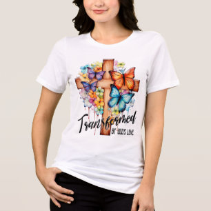 Camiseta Triblenda Escritura inspiradora de mariposa/cruz floral