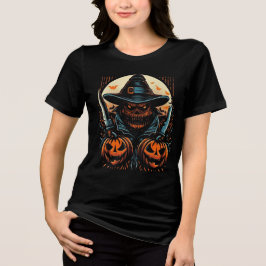 Camiseta Triblenda Espantapájaros de Calabaza Espantosa y Cuchillos A