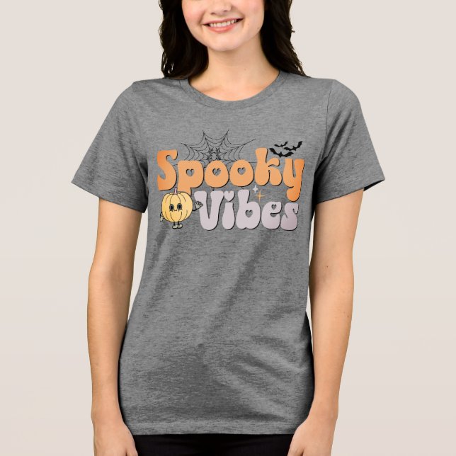 Camiseta Triblenda Espeluznante Vibes Halloween Cute Calabaza Bats Sp (Anverso)