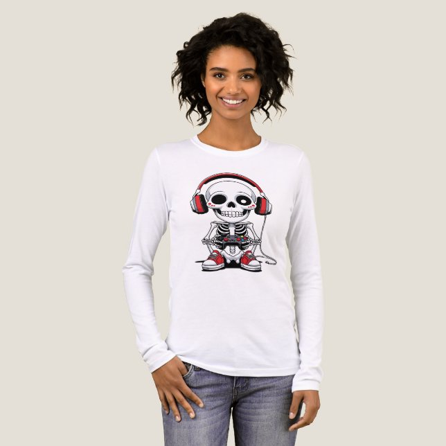 Camiseta Triblenda Esqueleto de gamer - Divertido juego de Halloween (Anverso Completo)