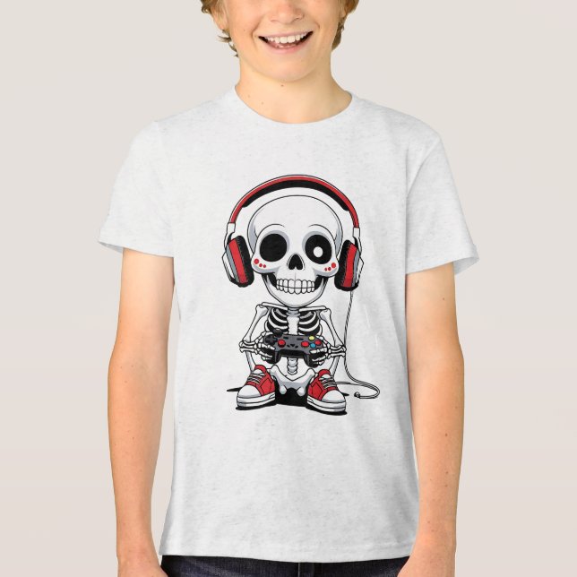 Camiseta Triblenda Esqueleto de gamer - Divertido juego de Halloween (Anverso)