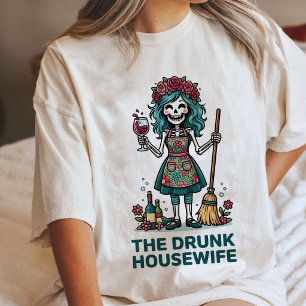 Camiseta Triblenda Esqueleto Divertido de Ama de Casa Borracha con Vi