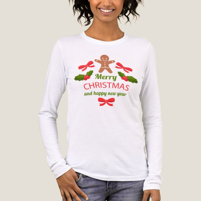 Camiseta Triblenda Familia de Pan de Jengibre Suave Navidad Manga Lar (Anverso)