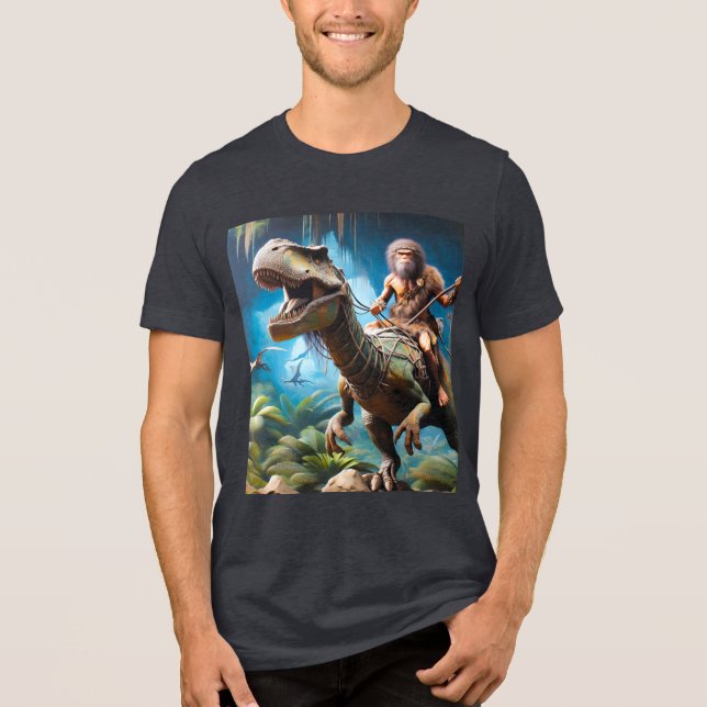 Camiseta Triblenda Fantasía Cute Neanderthal Riding Dinosaur (Anverso)