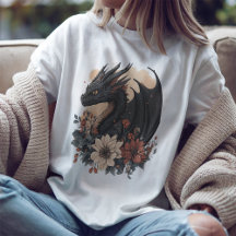 Fantasía Dragón negro y camiseta de arte floral