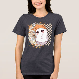 Camiseta Triblenda Fantasma Kawaii con café y daisies - acogedor