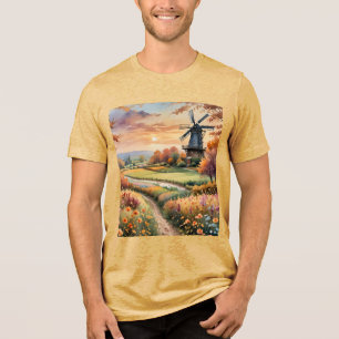 Camiseta Triblenda Fantasy Cute Windmill Flowers Field