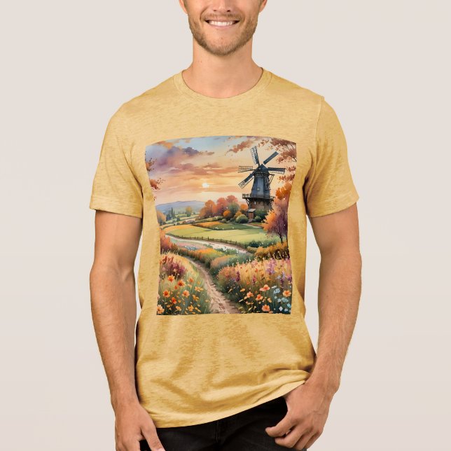 Camiseta Triblenda Fantasy Cute Windmill Flowers Field (Anverso)