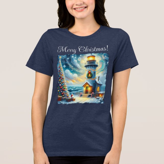 Camiseta Triblenda Faro de árbol de navidad azul costero náutico (Anverso)
