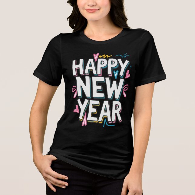 Camiseta Triblenda Feliz Año Nuevo 2025: Colorida camiseta gráfica (Anverso)