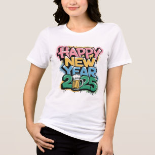 Camiseta Triblenda Feliz Año Nuevo 2025 con un diseño de graffiti de 