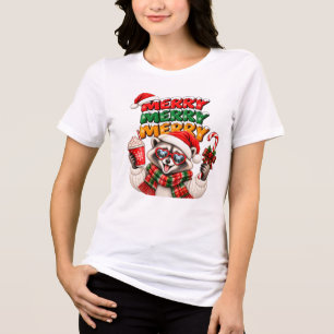 Camiseta Triblenda Feliz Feliz Feliz Navidad Mapache Cacao Caliente