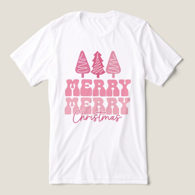 Camiseta Triblenda Feliz Feliz Navidad - Diseño de vacaciones rosas (Diseño delantero )