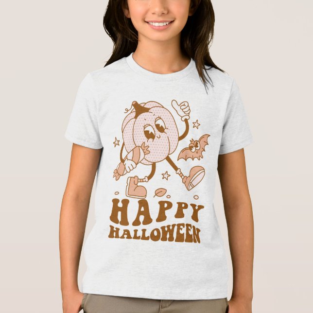 Camiseta Triblenda Feliz Halloween| Calabaza de punto de Polka retro (Anverso)