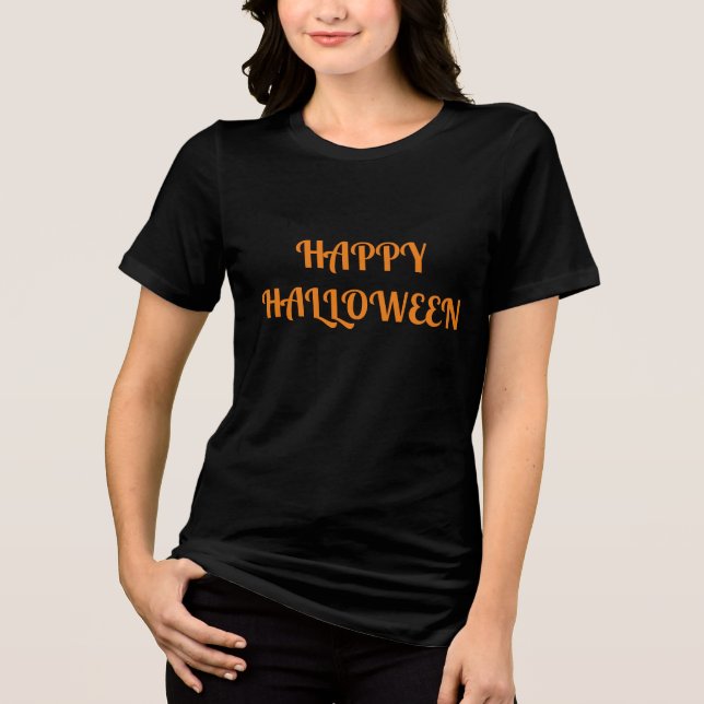Camiseta Triblenda Feliz Naranja negra de las mujeres de Halloween (Anverso)