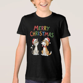 Camiseta Triblenda Feliz Navidad al gato y al perro con sombreros de 