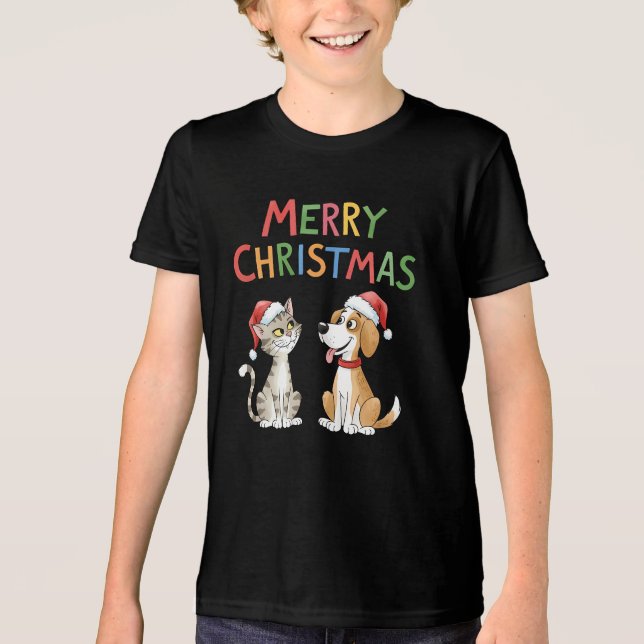 Camiseta Triblenda Feliz Navidad al gato y al perro con sombreros de  (Anverso)